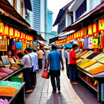 ** A bustling marketplace scene in Kuala Lumpur, with vendors using tablets to analyze sales data and optimize their product displays. Focus on vibrant colors and the mix of traditional and modern elements.

**