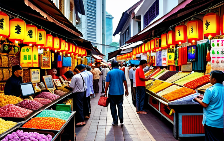 ** A bustling marketplace scene in Kuala Lumpur, with vendors using tablets to analyze sales data and optimize their product displays. Focus on vibrant colors and the mix of traditional and modern elements.

**