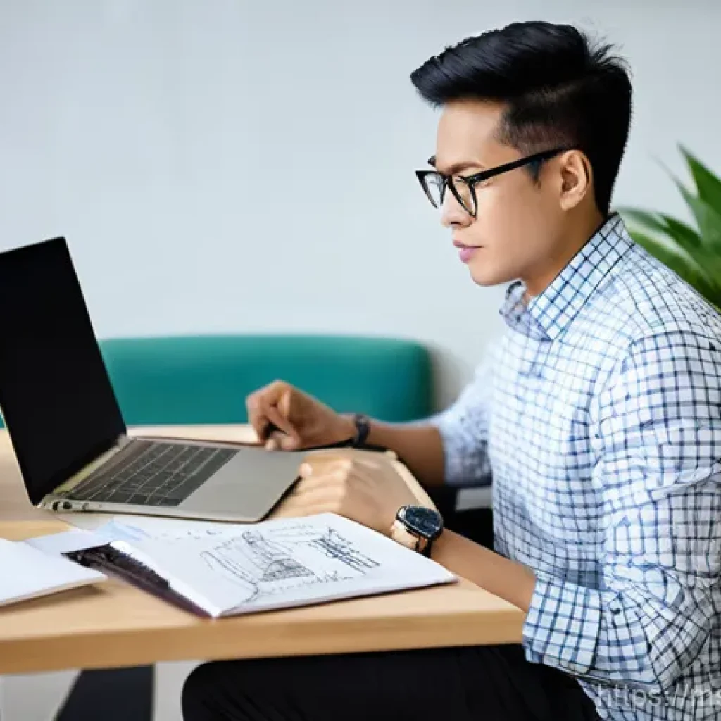 스타트업 마케팅 자기계발 - **Prompt:** A young, determined Malaysian entrepreneur, either male or female, is deeply engrossed i...