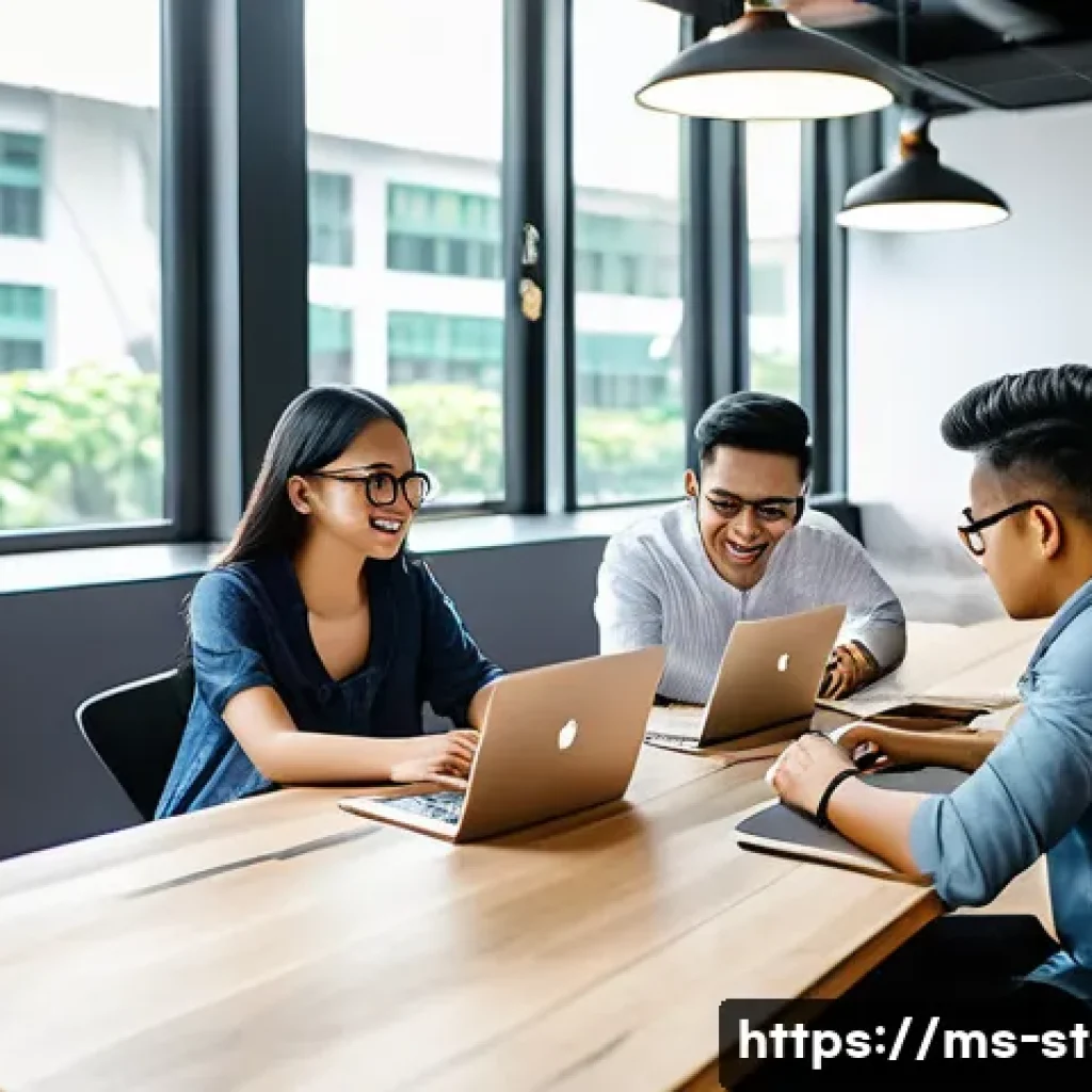 스타트업 마케팅 자격 취득 절차 - A modern coworking space in Kuala Lumpur filled with young Malay entrepreneurs collaborating on star...