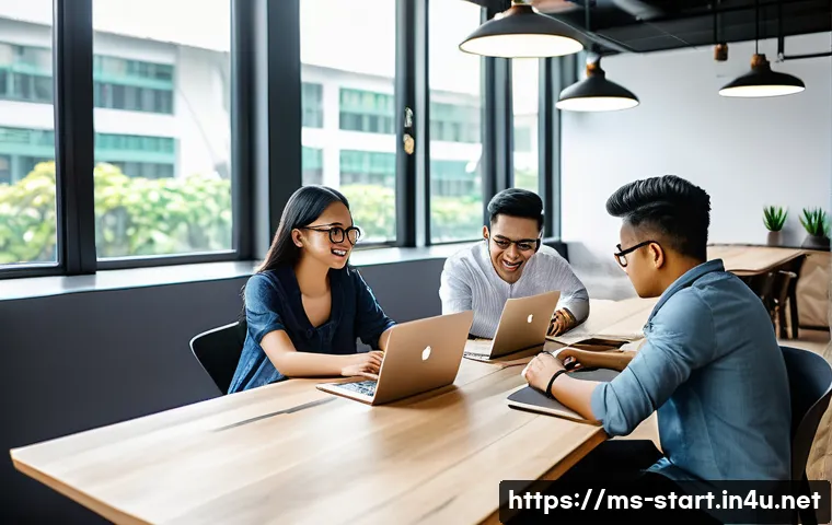 스타트업 마케팅 자격 취득 절차 - A modern coworking space in Kuala Lumpur filled with young Malay entrepreneurs collaborating on star...