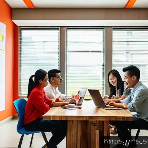 Home 31 스타트업 마케팅 업무 일지 작성 - A modern Malaysian startup office scene with a diverse young marketing team collaborating around a l...