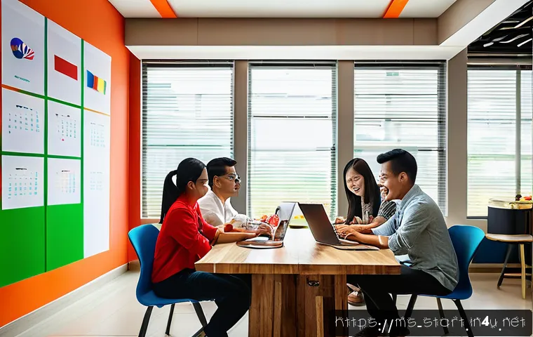 스타트업 마케팅 업무 일지 작성 - A modern Malaysian startup office scene with a diverse young marketing team collaborating around a l...