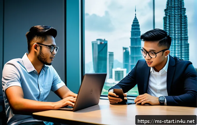 스타트업 마케팅 분야 이직 - A modern Malaysian startup office scene in Kuala Lumpur, featuring a diverse team of young professio...