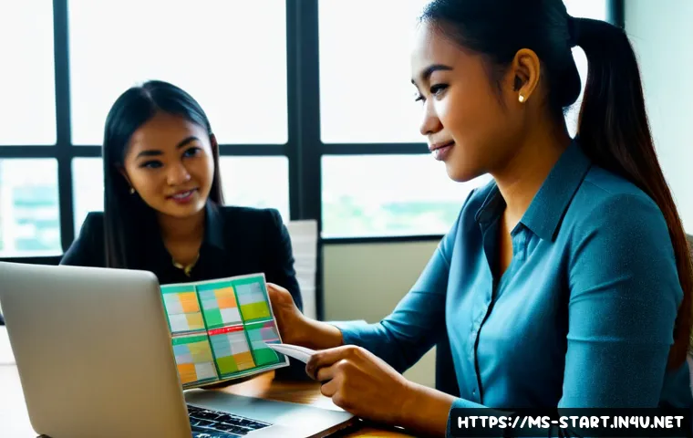 스타트업 마케팅 직무 요약 - Photorealistic startup marketing professional in a modern Kuala Lumpur coworking space, reviewing co...